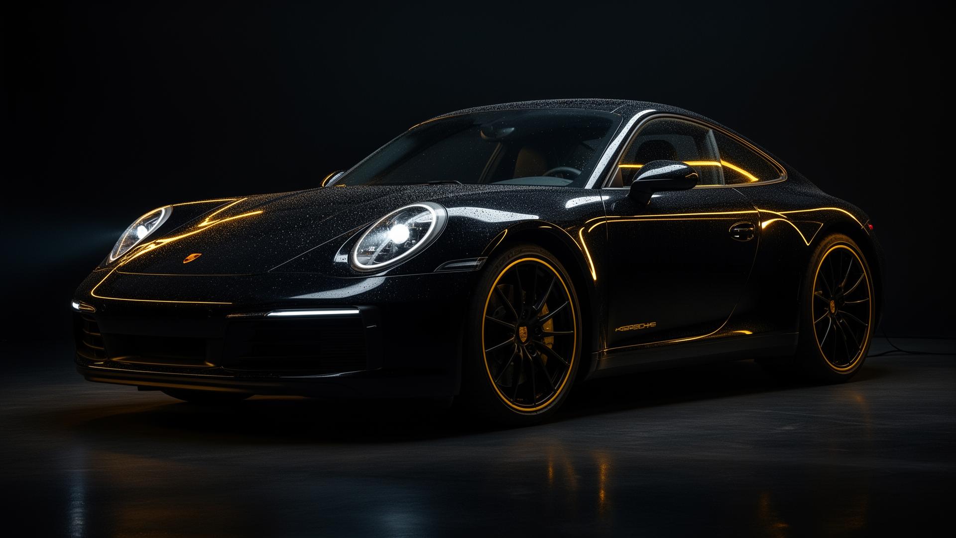 Black Porsche under detailing LED lights